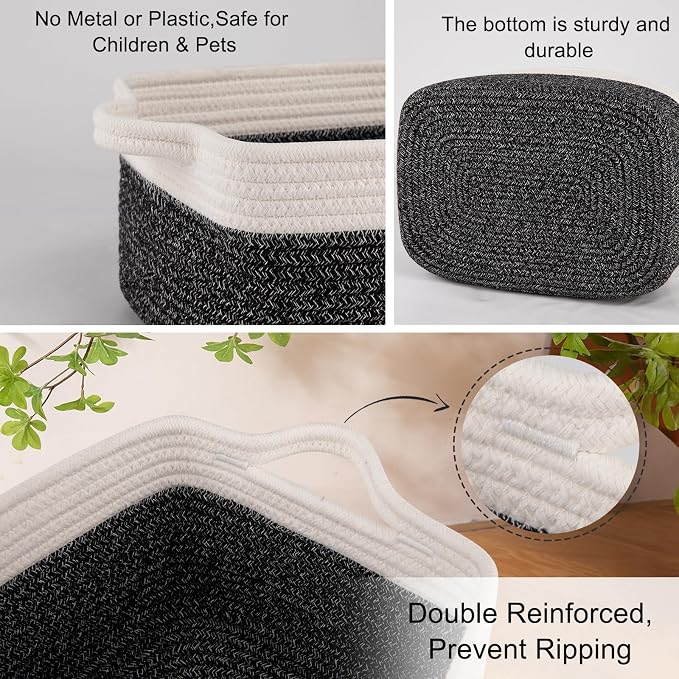 OIAHOMY 3 Pack Storage Baskets for Organizing, Woven Cotton Rope Basket for Shelves, Closet Organizer Bins with Handles, Rectangle Toy Organization, 13.78''×9.84''×5.5'', Black & White
