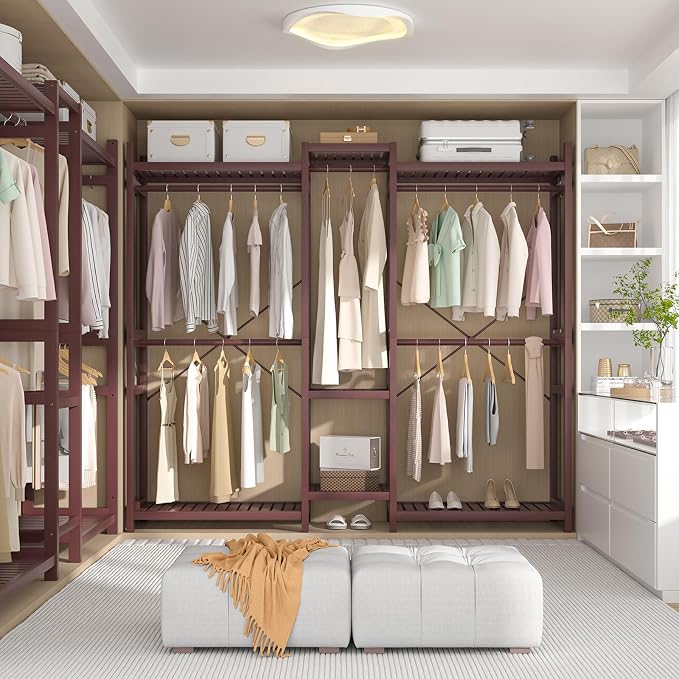 Bamboo Closet System Clothes Rack, Large Freestanding Garment Rack Clothing Rack for Hanging Clothes with 7 Storage Shelves and 5 Rods, Open Wardrobe Organizer with 4 Hooks, Espresso