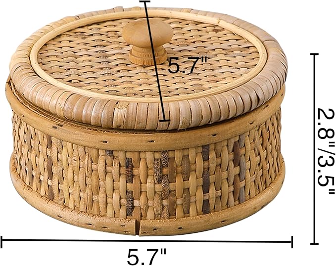 SOFE Small Round Rattan Box with Lid, Decorative Storage Boxes, Rattan Storage Basket for Jewelry, Candies, Snacks, Keys, Desktop Farmhouse Woven Boxes for Decor, 5.7 Inches