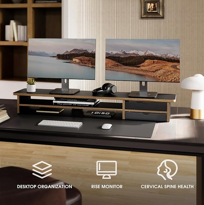 Fenge Monitor Stand, Desk Computer Riser with Frosted Storage Drawer, Black | 42.5 Inch Dual Monitor Riser, 2 Tiers, Cable Management, Desk Shelf for 2 Monitors, Ultrawide Screen, Laptop, TV, Home Office