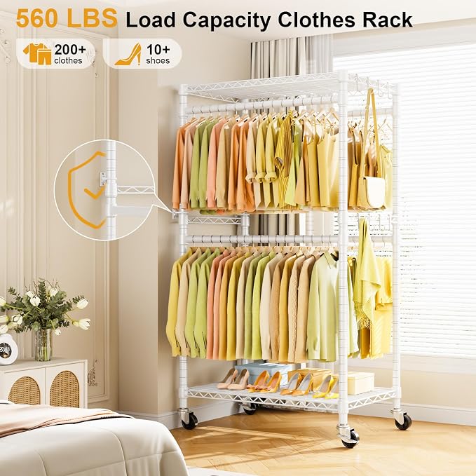 ULIFHOME P4 Rolling Clothes Rack, Clothing Racks for Hanging Clothes, White | Heavy Duty Garment Rack with Wheels, 2-Tier Free Standing Portable Closet Racks 35.5''W × 20.5''D × 80.5''H, Max Load 560Lbs