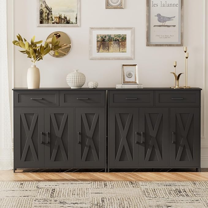 Homhedy Coffee Bar Storage Cabinet with Drawers, Kitchen Buffet Cabinet | Sideboard Cabinet with Doors, Farmhouse Buffet Cabinet, Adjustable Shelves, for Kitchen / Dining / Living Room, Black