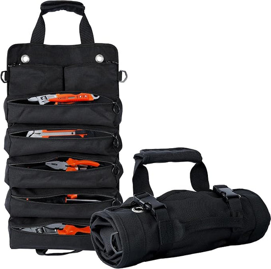Portable Foldable Roll Up Tool Bag, Heavy Duty Tool Organizer Bag with 5 Compartments & 2 Detachable Pouches for Tools Storage, Waterproof Tool Roll Bag for Dad Men Electrician Mechanic Gifts