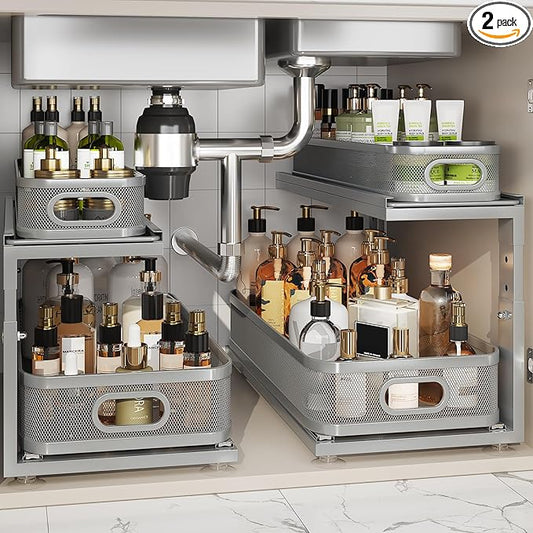 2 Pack 21IN-Depth Under Sink Organizer With Next-Gen Ball-Bearing Slides,2-Tier Precision Mesh Pull Out Cabinet Storage for Bathroom&Kitchen,Height Adjustable Drawers Shelf,Anti-rust-Grey