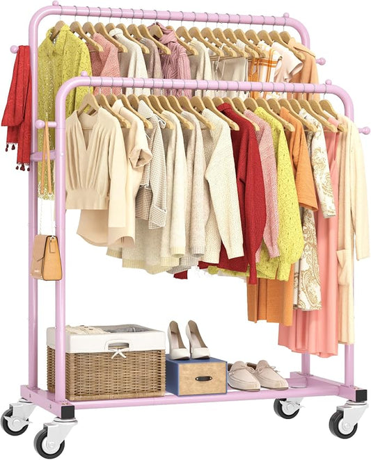 Laiensia Double Rods Garment Rack with Wheels, Clothing Rack for Hanging Clothes,4 Hooks, Multi-Functional Bedroom Clothes Rack, Pink