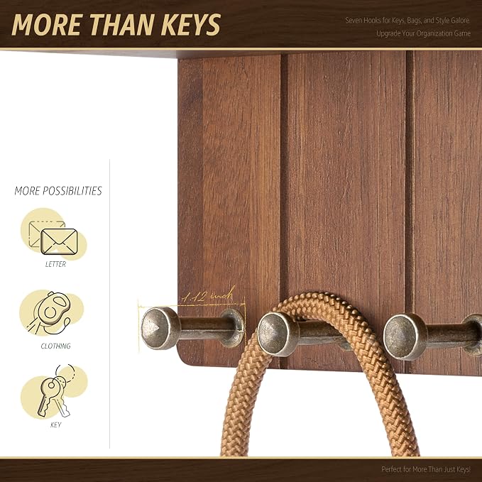 Rebee Vision Acacia Wood Key Holder Wall Mount for Home Decor, Brown | Decorative Mail Organizer, 7 Key Hooks, Mail Sorter , Wall Shelf, Rustic Room Decor, Apartment Essentials, Entryway Storage