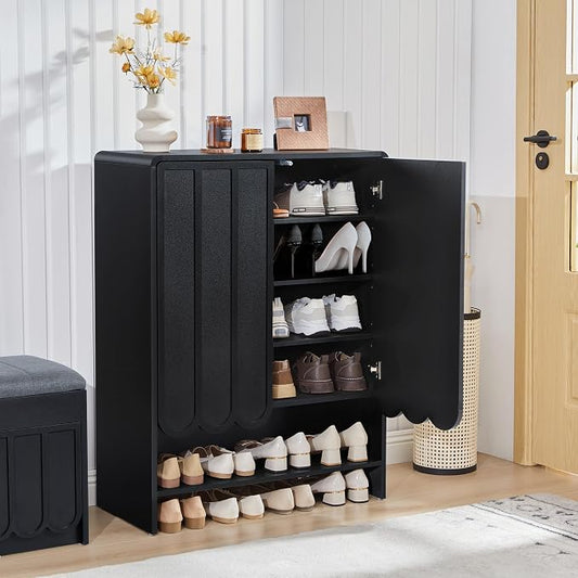Shoe Storage Cabinet with Scalloped Doors, 5-Tier Wooden Shoe Cabinet with Adjustable Shelves, Shoes Rack Storage Organizer for Entryway, Hallway, Living Room, Black
