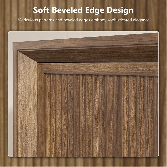 Hlivelood 63” Fluted Sideboard Buffet Cabinet with Storage, Mid Century Modern Wooden Credenza with 4 Doors & Adjustable Shelves, Beveled Edge Storage Cabinet for Kitchen, Living Room (Walnut)