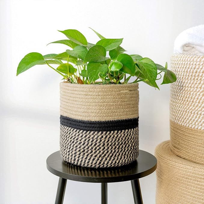 TIMEYARD Small Wicker Plant Basket, Planter for Indoor Plants, Black Jute | 8" x 8" Storage Organizer Basket Rustic Home Decor, Wicker Planter, Woven Pot for Indoor Plants