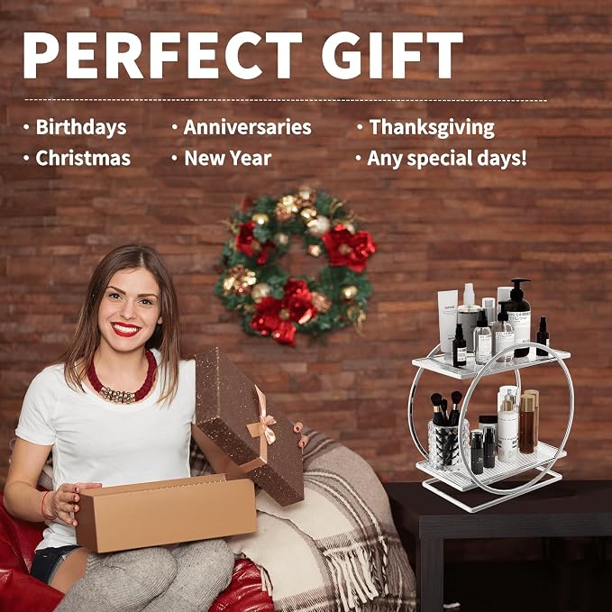 Makeup Perfume Organizer, Sliver 2-Tier Bathroom Counter Organizer | Bathroom Countertop Shelf Organizer, Makeup Organizer for Vanity, Perfume Stand for Dresser, Skincare Storage Make Up Holder
