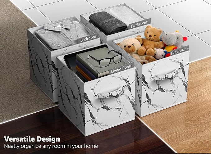 Sorbus Collapsible Storage Bins - 11" Sturdy Foldable Fabric Storage Cubes with Handle - 4 White Marble Organization and Storage Baskets for Organizing Pantry, Closet, Nursery, Dorm, Toy Storage