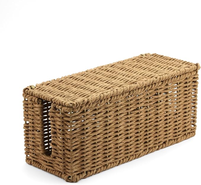 Handwoven Natural Raffia Cable Management Box with Lid – Decorative Cord Organizer for Power Strips, Surge Protectors & Charging Cables – Woven Storage Basket for Home & Office (Natural Raffia)