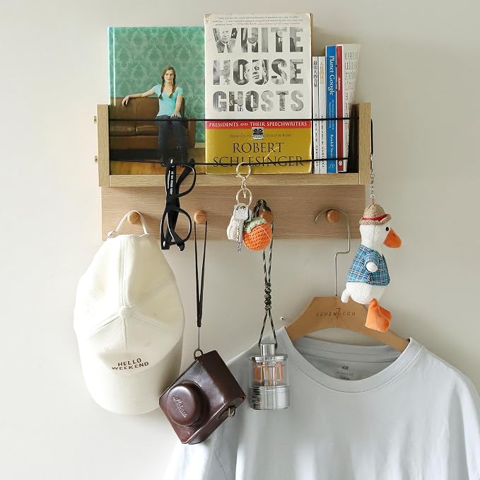 Entrance Coat Rack ，Coat Hooks, Wall-Mounted Wooden Hook Rack, Wall-Mounted Shelves are Very Suitable (Oak Color Finish-B-1)
