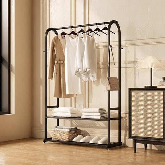 Sturdy metal clothes rack,Black freestanding clothing rack with bottom shelves and 6 side hooks,garment rack for hanging clothes,Modern wardrobe rack for Bedroom or cloakrooms