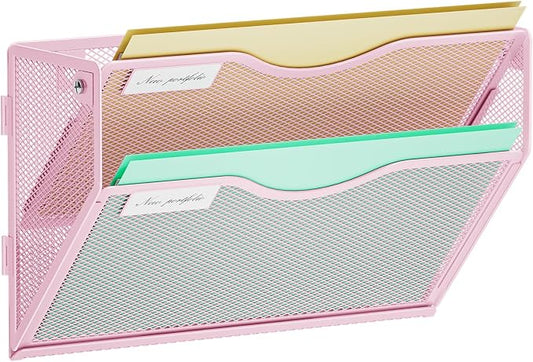Marbrasse Wall File Holder 2-Tier Hanging Wall File Organizer, Mesh Mail Holder for Papers, Wall Mount File Clipboard & Magazine Organizer Great for Office Home (Pink)