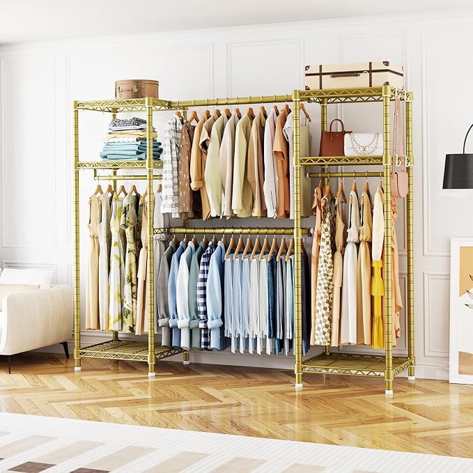 Ulif E7 Garment Rack, Heavy Duty Clothes Storage System with Extendable Hangers Rods, Metal Clothing Rack with 6 Wire Shelves, (52.3"-72") W x 14.5" D x 71.2" H, Load 838lbs, Gold | Metal Clothing Rack with 6 Wire Shelves, Freestanding Portable Closet ...