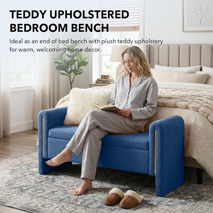 52" Flip-Top Storage Ottoman Bench, Teddy Entryway Bench (Blue) | Teddy Fleece Upholstered End of Bed Bench with Armrests, Soft Padded Window Bench for Living Room Bedroom Entryway