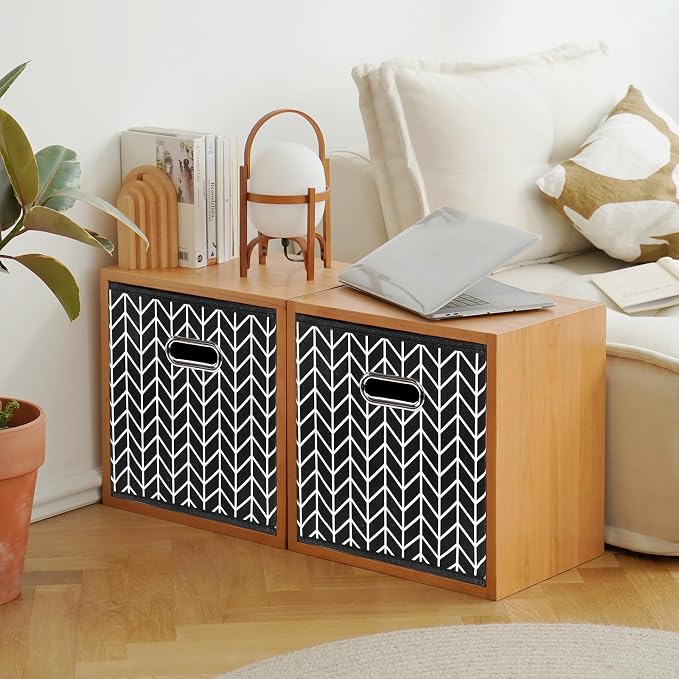 Fabric storage bins Cubes, Fabric Cube Organizer with Handle, Foldable Cube Bins for Cloth or Accessary Storage, 11x11x11, Set of 6, (Black Leaf)