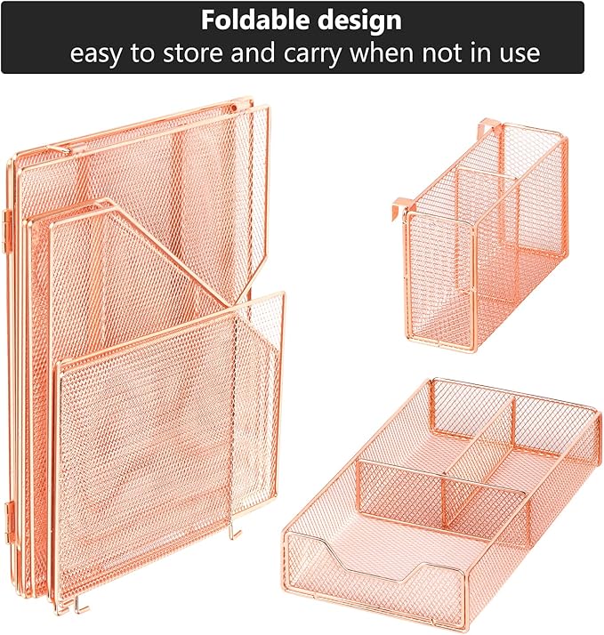 Topwey Rose Gold Desk Accessories, Office Supplies Desk Organizer Caddy with Sliding Drawer, Double Tray, File Organizer and pen holder for Home, Office School