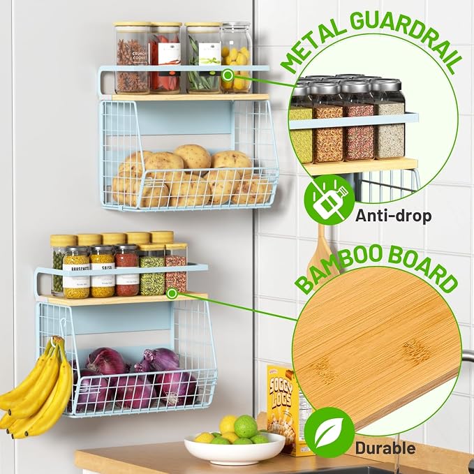 Magnetic Shelf for Fridge with Wood Lid, Fruit Potato and Onion Storage Bins, Pantry Organizers & Storage, Large Container Magnetic Spice Rack for Refrigerator, Kitchen Counter, Cabinet (Blue, 2)