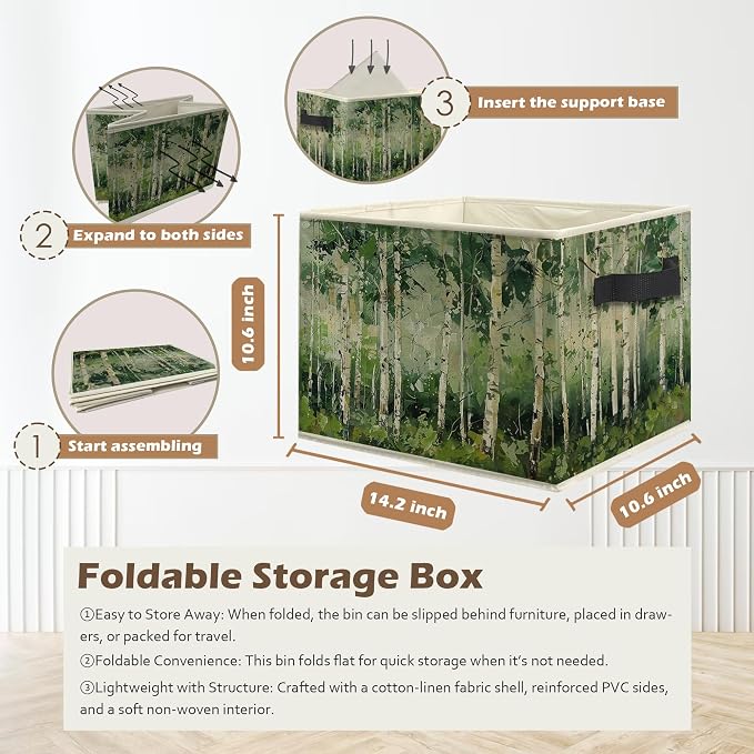 Modern Abstract Birch Tree Storage Box Bins, Green Forest Nature Landscape Collapsible Storage Basket Organizer for Bedroom Laundry Room Home Clothes Books, Decor for Room