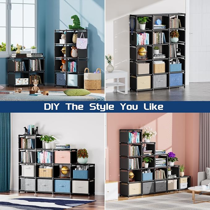 Mavivegue Bookshelf,15 Cube Storage Organizer,Book Shelf Organizer,Tall Bookcase Shelf,Book Cases/Shelves,Black Cube Shelf,Cubbies Closet Storage Shelves for Bedroom,Living Room,Home,Office
