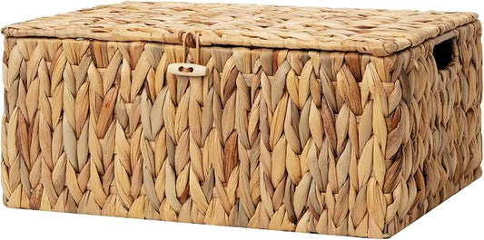 StorageWorks Extra Large Wicker Baskets with Lid for Organizing, Water Hyacinth Storage Baskets for Shelves, Decorative Box with Built-in Handles, Natural, 1 Pack