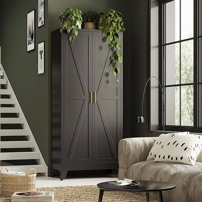 Bevivog 71" Kitchen Pantry Cabinet, Metal Storage Cabinet with 2 Doors and 4 Adjustable Shelves, Farmhouse Black Metal Pantry Cabinets Storage for Kitchen, Home Office,Garage, Laundry Room