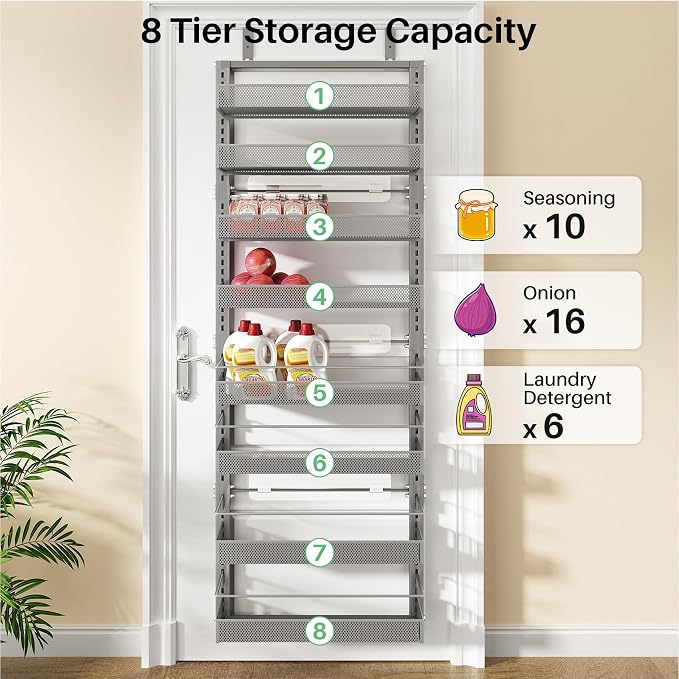 SNTD 8 Tiers Over the Door Organizer - Height Adjustable Pantry Organizers and Storage with Dense Mesh Baskets, Anti-Swing Hanging Door Spice Rack for Kitchen Bathroom (Grey, 17" W x 6" D x 69" H)