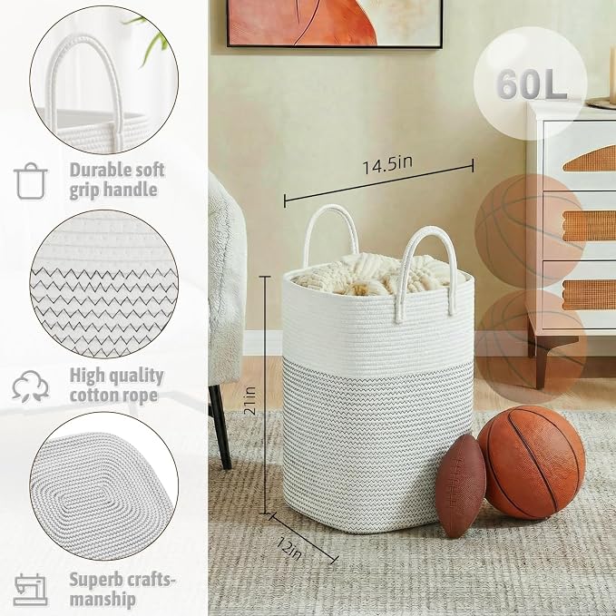 Laundry Basket,Woven Cotton Rope Laundry Hamper,Versatile Storage for Dirty Clothes,Baby Toys,and Blankets in Bathroom, Nursery,and Living Room (White, 60L)