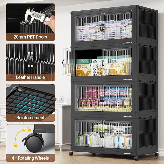 BROVIEW 600 Qt Extra Large Stackable Storage Bins with Lid, Plastic Closet Organizer and Storage Drawer, Collapsible Storage Box with Wheels, Folding Storage Cabinet for Closet Organizing, 3Pack Black