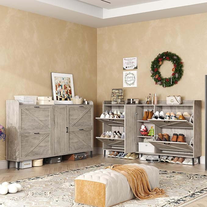 HOMEFORT Large Shoe Cabinet with 4 Flip Drawers, Farmhouse Narrow Shoe Organizer Cabinet for Entryway, Hidden Shoe Rack with Adjustable Side Cabinet for Boot Storage,6 Wood Legs, Washed Gray
