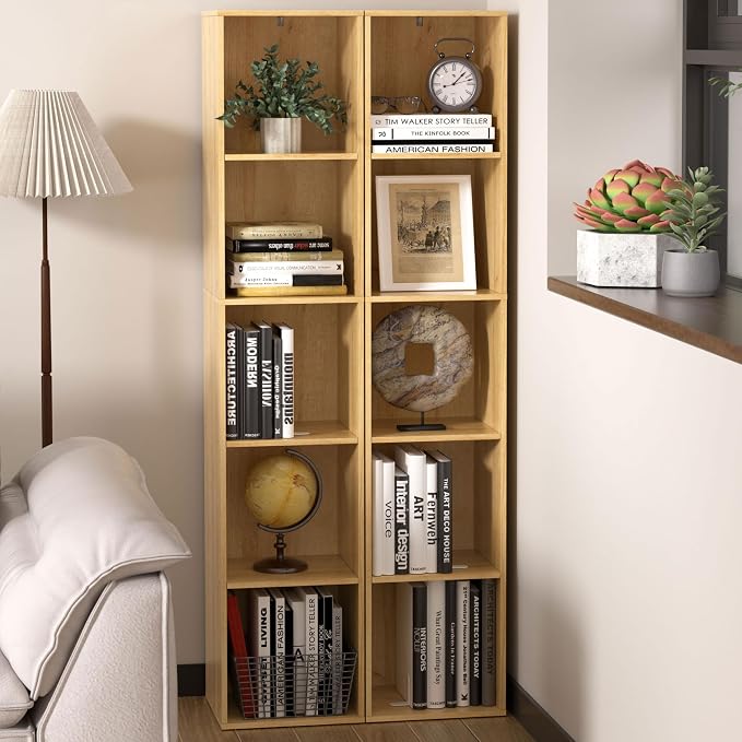 5 Cube Storage Organizer, 5 Tier Cube Low Bookcase Freestanding Storage Display Organizer, Five-Cubes Open Shelf Bookshelf for Home Office (Oak, 5-Cube)