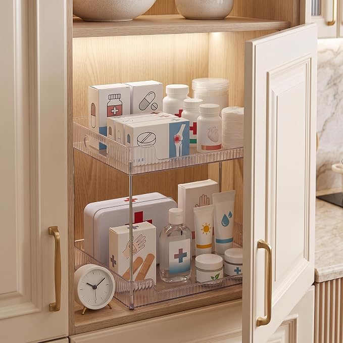 Goderewild 2-Tier Bathroom Counter Organizer, Multi-Purpose Cosmetics Skincare Shelf, Fits A4 Size Makeup Organizer for Office and Vanity Tray, Countertop Storage Solution for Kitchen,Bath.(Clear)
