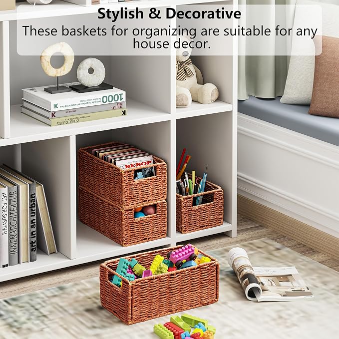 Vagusicc Wicker Storage Basket, Set of 2 Hand-Woven Paper Rope Wicker Basket, Small Storage Baskets for Organizing Toilet Paper, Foldable Small Cube Organizer Bins for Shelves (Orange)