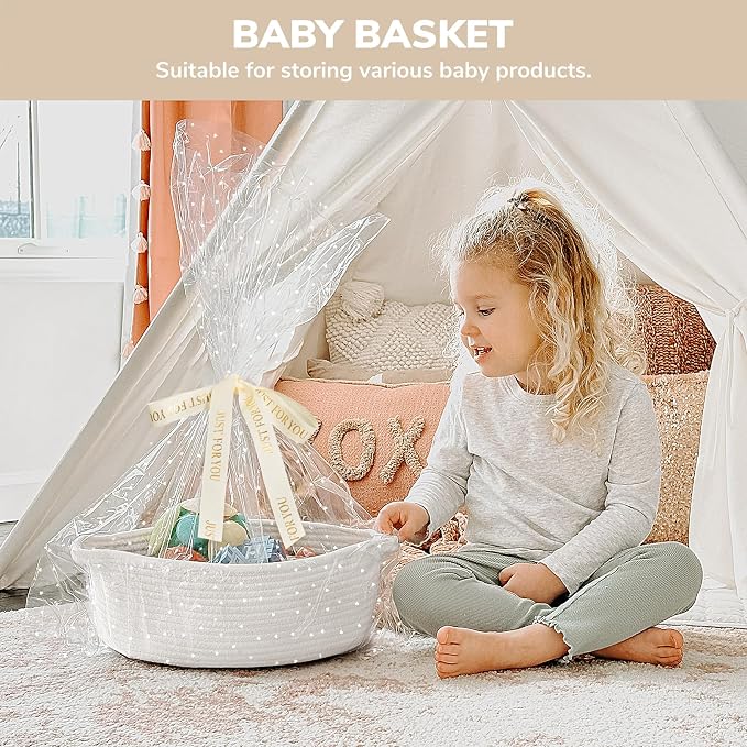 CHICVITA Woven Basket for Gifts with Bags & Ribbon, Dog Toy Basket, White | 12"x 8"x 5" Rope Gift Basket Empty to Fill for Baby Shower, Gift Basket for Organizing, Holiday Basket, Toy Storage for Kids