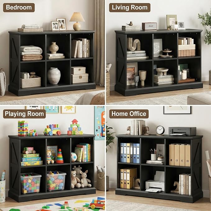 IRONCK 6 Cube Storage Organizer, Farmhouse Wood Bookshelf | Black finish, anti-tip design, cube shelf unit for bedroom, living room, home office, books or decor
