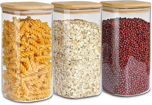 ComSaf Glass Storage Containers wtih Lids 1.6 Qt, Set of 3 Food Storage Jar | Square Kitchen Canisters, Glass Pantry Jars, Pantry Organizers, Dry Food Storage, Tea, Oat, Spice, Coffee, 51oz, BPA Free