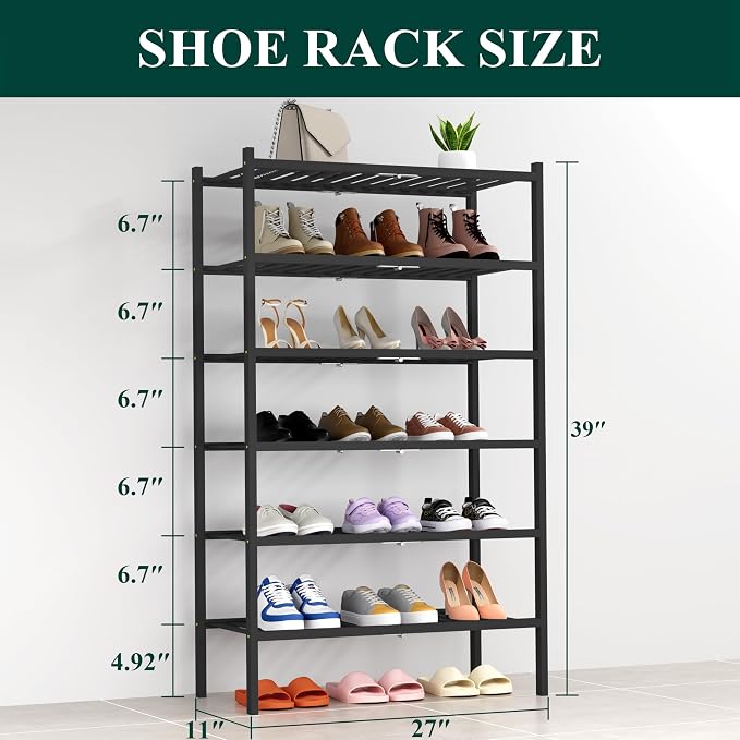 Smiry Bamboo Shoe Rack, 14 Vertical Slats, 6 Tier - 26.8" Wide, Black | Stackable Free Standing Wooden Shoe Organizer, Wood Shoe Storage Shelf for Closet, Entryway, Thicher Leg