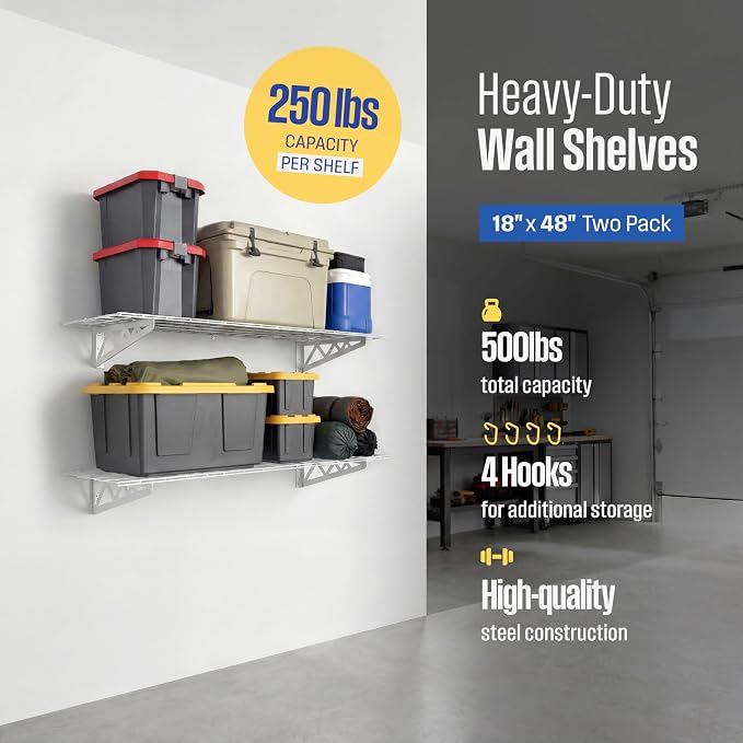SafeRacks Steel Garage Wall Shelves 2-Pk w/Hooks, 500lb, White (18x48)
