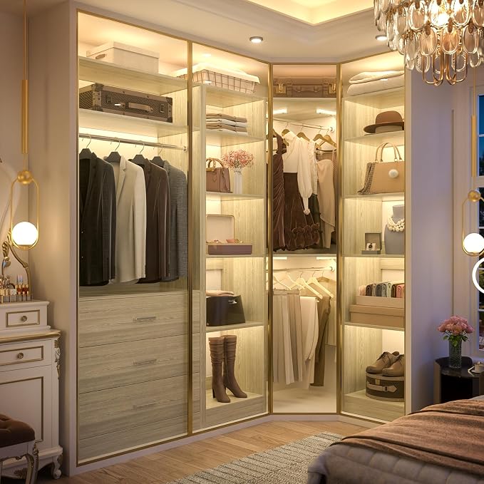 Besiost Corner Closet System with 3 Drawers, Corner Closet Organizer System with 13 Shelves & 3 Hanging Rods, 63.2"L * 39.2"W Reversible L Shaped Walk-in Closets, Load 2000+LBS, White Oak