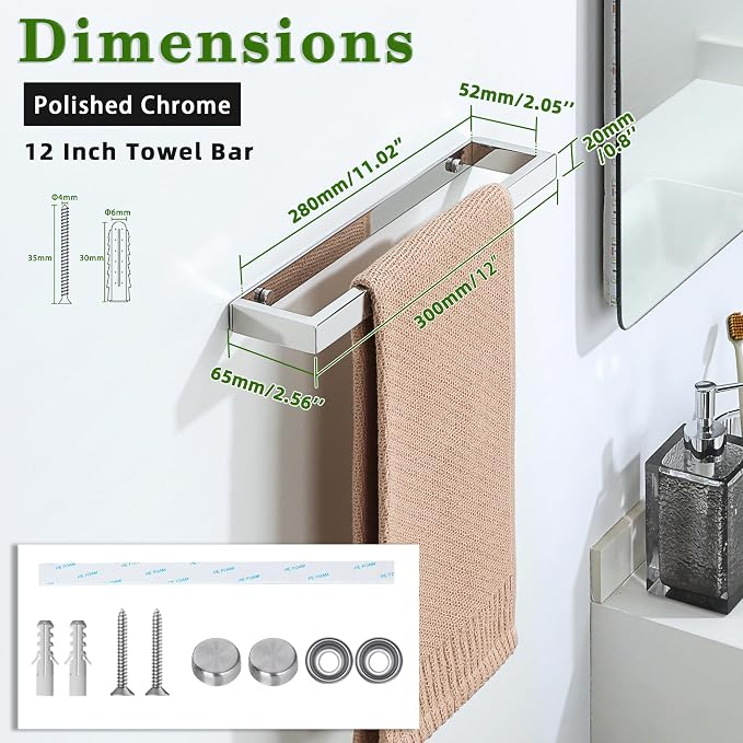 Alise 12 Inch Hand Towel Holder Towel Bar for Bathroom Wall Mounted,Chrome | Towel Rack for Bathroom Lavatory,SUS304 Stainless Steel Towel Rail for Bath Kitchen Walls,Self-adhesive or Drilling Mount
