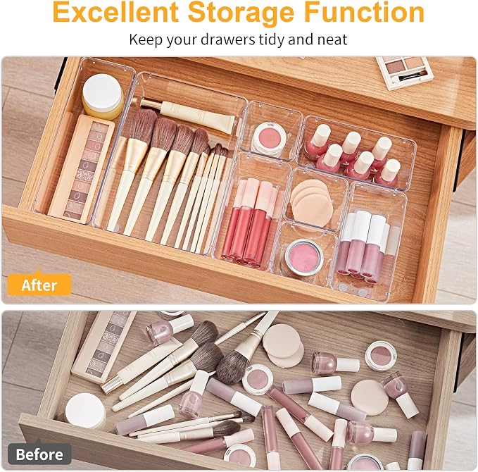 SMARTAKE 28 Piece Drawer Organizers with Non-Slip Silicone Pads, 4-Size | Clear Desk Bathroom Drawer Organizer Trays Storage Tray for Makeup, Jewelry, Utensils in Bedroom Dresser, Office and Kitchen