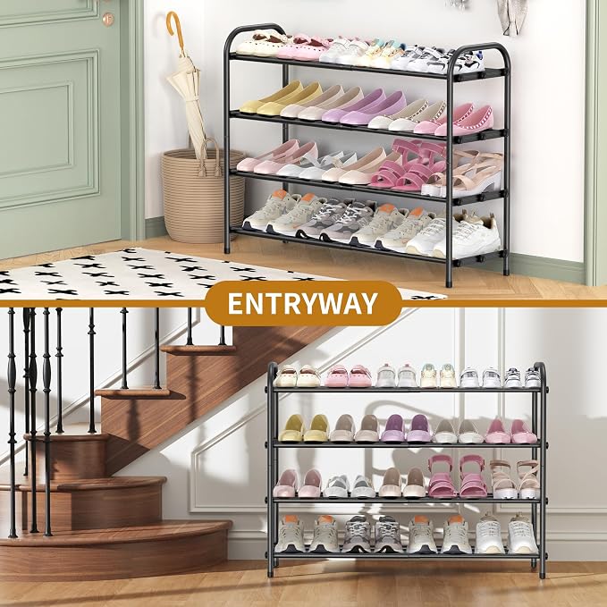 Hleelomi 4-Tier Metal Expandable Shoe Rack for Closet and Entryway, Black | Adjustable Shoe Organizer for Closet,Living Room,Dorm,Garage,Fits Small Spaces, Apartments and Rentals