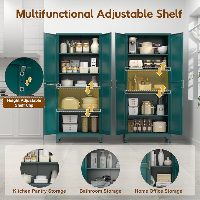 UNICOLY 75" Kitchen Pantry Cabinet, Metal Tall Storage Cabinet with Doors | Kitchen Storage Cabinets with 4 Shelves,Pantry Storage for Kitchens, Living Room, Dinning Room, Assembly Required, Green