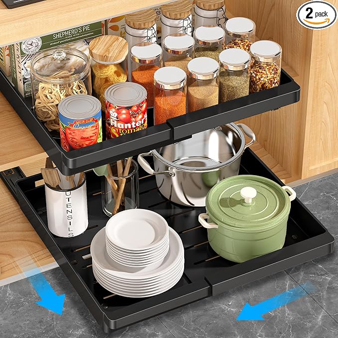 DOMNIU Pull Out Cabinet Organizers Expandable,Black,20.8" Depth,2 Pack | Plastic Slide Out Drawers for Kitchen, Bathroom, Pantry, Under Sink Storage, Fixed with Adhesive Nano Film (13''-19'')