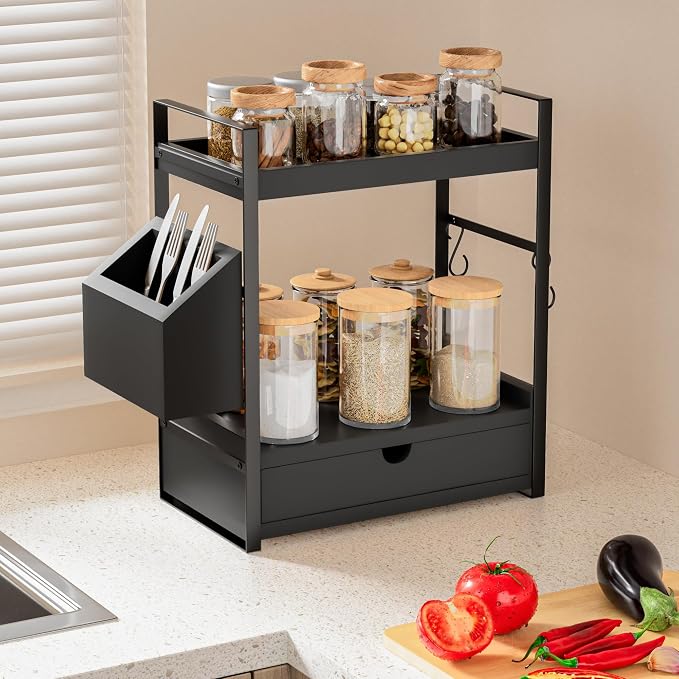 2-Tier Bathroom Counter Organizer, Wooden Vanity Shelf with Drawer & Basket | Pre-Drilled Holes, Skincare & Makeup Countertop Organizer and storage, Black