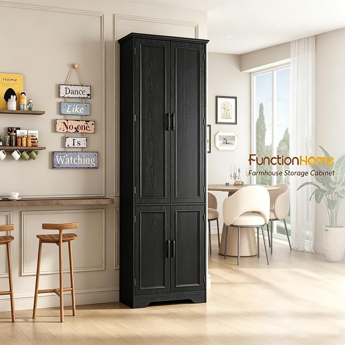 Function Home 72" Kitchen Pantry Cabinet, Tall Wood Farmhouse Storage Cabinet with Doors and Adjustable Shelves, 6 Tier Freestanding Cupboard for Kitchen Dining Room Living Room Bathroom, Black