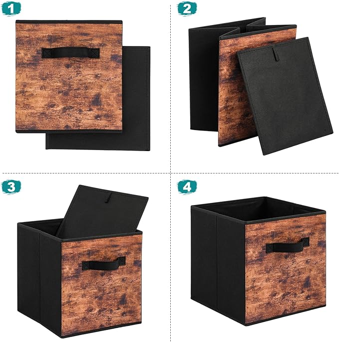 Stero Fabric Storage Cubes, 6 Pack Foldable Storage Bins with Handle, 13 Inch Box for Shelves, Closet, Organizer, Rustic Brown and Black
