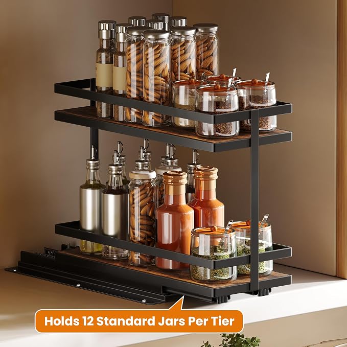 Pull Out Spice Rack 2-Tier Metal & Wood Seasoning Organizer | No-Drill Install | Full-Extension Silent Glide | Each Tier Holds 10–12 Standard Spice Bottles | Rustproof, Wipe-Clean Surface